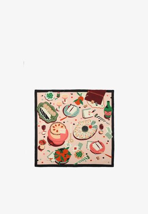 Tovaglia decorata con vari piatti: dolci, sushi, frutta e bevande su uno sfondo rosa chiaro con bordo nero.