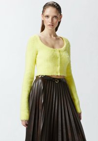 Svijetložuta, pahuljasta kardigan s izrezom i tri gumba, uparen s smeškim plisiranim suknjom visokog struka koja ima pojas.