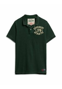 Donkergroen polo shirt van katoen, met een kraag en geborduurd "Superdry JPN Athletic" logo in crème. Korte mouwen en rechte zoom.