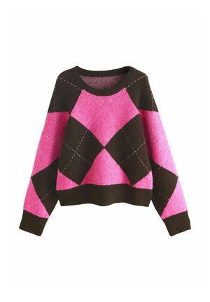 Braun- und rosa Schachbrettmuster gestrickter Pullover mit langen Ärmeln und rundem Halsauschnitt.