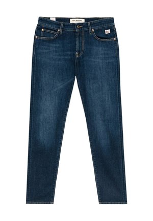Jeans in denim blu scuro con vestibilità dritta, dotati di tasche anteriori e posteriori, chiusura con bottone e zip, e dettagli di cucitura discreti.
