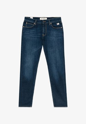 Jeans in denim blu scuro con vestibilità dritta, dotati di tasche anteriori e posteriori, chiusura con bottone e zip, e dettagli di cucitura discreti.