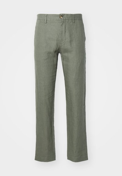 Lichte, olijfgroene linnen broek met een rechte pijp, voorzien van een knoopsluiting en een gestructureerde afwerking. Geen zichtbare zakken.