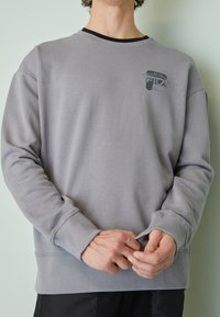 Šedá mikina vyrobená z bavlněné směsi, s kulatým výstřihem, žebrovanými manžetami a logem Fila na hrudníku. Hladký materiál a uvolněný střih.