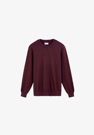 Bordeauxrode crewneck trui gemaakt van zachte stof, met lange mouwen met gerimpelde manchetten en een rechte zoom. Minimalistisch ontwerp zonder patronen.
