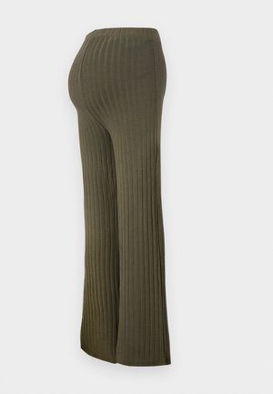 Olive green, high-waisted ribbed knit pants, flared from the knee with a soft texture and an elastic waistband for comfort.