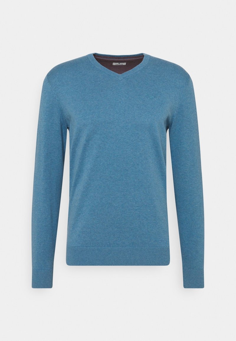 Blauer, langärmeliger Pullover mit V-Ausschnitt, aus einem weichen Strickmaterial gefertigt, mit einem gerippten Saum und Bündchen. Keine sichtbaren Muster.