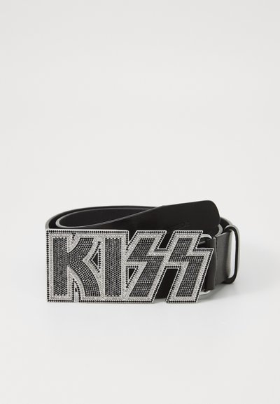 Black leather belt featuring a rhinestone-encrusted silver buckle with the word "KISS" in a stylized font and lightning bolt design.
