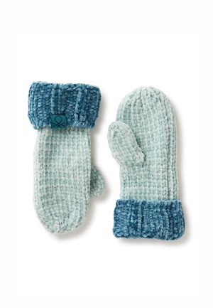 Moufles tricotées dans une teinte bleu clair et teal. Tissu doux et texturé avec un poignet à côtes épaisses. Ouvertures pour le pouce et les doigts visibles.