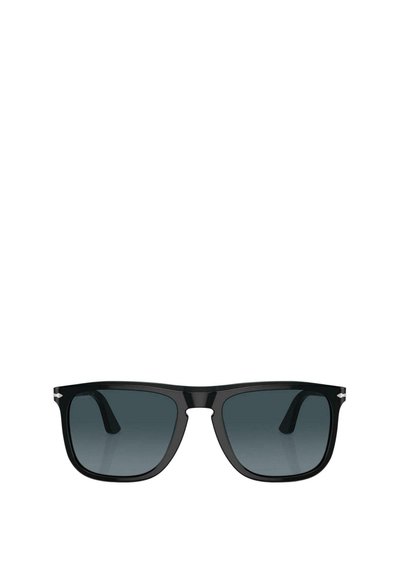 Černé sluneční brýle s obdélníkovými rámy, gradientními čočkami a metalickými detaily na bocích. Hladký plastový materiál, minimalistický design.