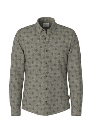 Langärmliges Hemd mit Knopfleiste und geometrischem Muster aus Quadraten und Bögen in Grautönen und Olivgrün.