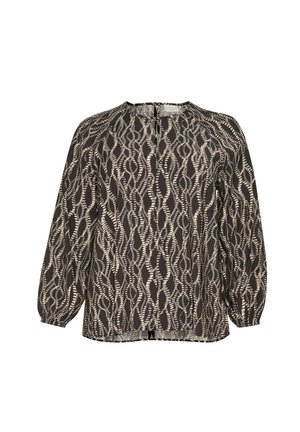 Black and cream blouse with an abstract pattern, round neckline, long sleeves, and a back zip closure. Lightweight, textured fabric.