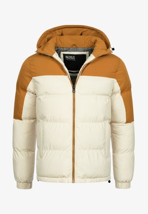 Lightweight puffer jacket in cream and brown, featuring a zip closure, hood, elastic cuffs, and two side pockets. Textured, quilted design.