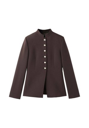 Dark brown jacket with a high collar, featuring a six-button front closure with pearl-like accents and long sleeves. Tailored fit.