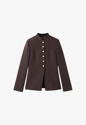 Dunkelbraune Jacke mit hohem Kragen, ausgestattet mit einer sechsknöpfigen Frontleiste mit perlenartigen Akzenten und langen Ärmeln. Taillierte Passform.