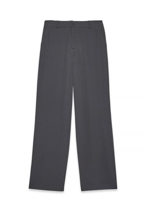 Gray wide-leg trousers made of smooth fabric, featuring a classic waistband, belt loops, and side pockets. No visible patterns or embellishments.