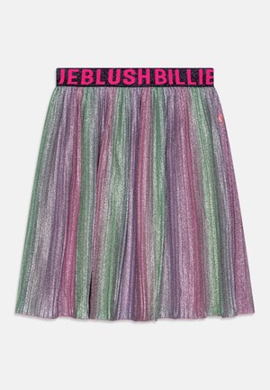 Błyszcząca plisowana spódnica z pionowymi różowymi, zielonymi i fioletowymi paskami, z czarnym elastycznym pasem w talii ozdobionym jaskrawym różowym napisem "BILLIEBLUSH".