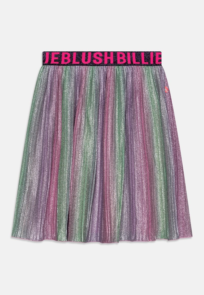Jupe plissée scintillante à rayures verticales roses, vertes et violettes, avec une ceinture élastique noire portant le texte rose vif "BILLIEBLUSH".