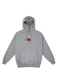 Felpa grigia con cappuccio e tasca frontale, con un design del personaggio ricamato in rosso. Presenta una coulisse regolabile e polsini a costine.