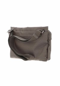 Gray fabric bag with a textured surface, featuring a single adjustable strap and a flap closure. Compact rectangular shape.