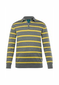 Grårandig pullover med gula horisontella ränder, långa ärmar, en dragkedjekrage och en mjuk textur. Har en logotyp på bröstet.