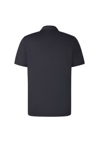 Polo skjorte, korte ærmer, ensfarvet mørk navy farve, polo krave, glat tekstur, lige kant, uden synlige logoer eller mønstre.