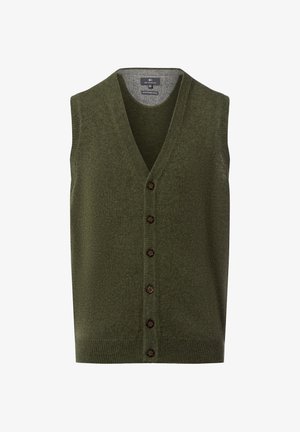 Olivgrüner ärmelloser Wollwesten mit V-Ausschnitt und sechs braunen Knöpfen an der Vorderseite.