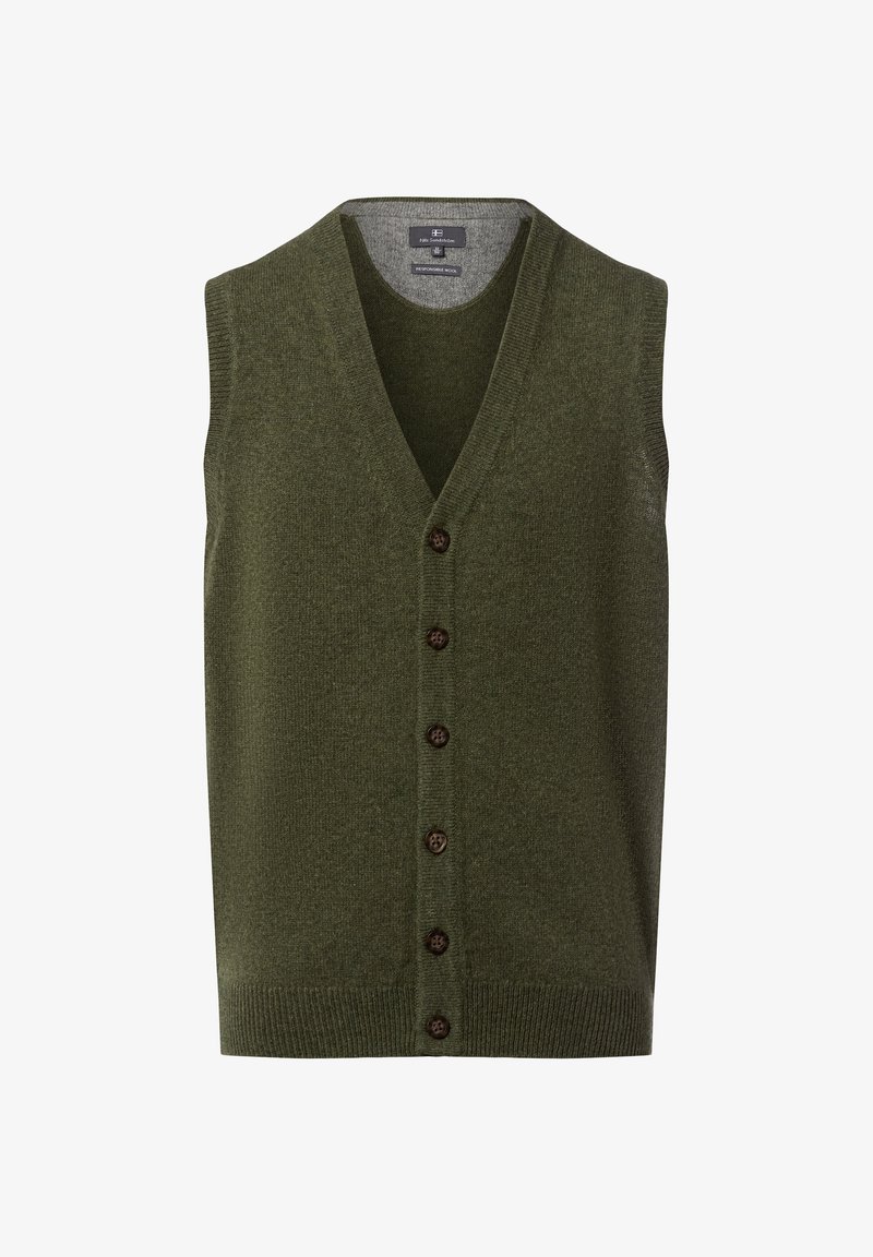 Oliwkowa bezrękawnik z wełny, z dekoltem w kształcie litery V i sześcioma brązowymi guzikami zapinanymi z przodu.