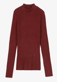 Maglione a collo alto in maglia a coste a maniche lunghe di un rosso scuro con silhouette aderente e motivo a texture verticale.