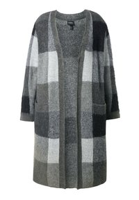 Šedý a černý kostkovaný cardigan vyrobený z měkké vlněné směsi, s volným střihem, otevřeným předním dílem, dvěma předními kapsami a rukávy o délce 3/4.