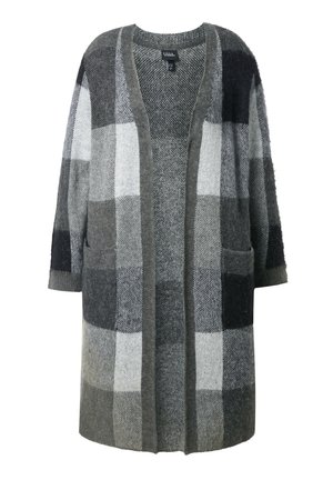 Cardigan a scacchi grigio e nero realizzato in un morbido misto lana, caratterizzato da una vestibilità ampia, apertura frontale, due tasche laterali e maniche a 3/4.