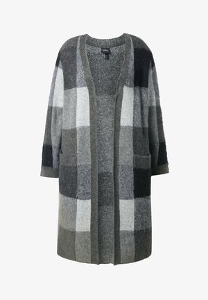 Šedý a černý kostkovaný cardigan vyrobený z měkké vlněné směsi, s volným střihem, otevřeným předním dílem, dvěma předními kapsami a rukávy o délce 3/4.