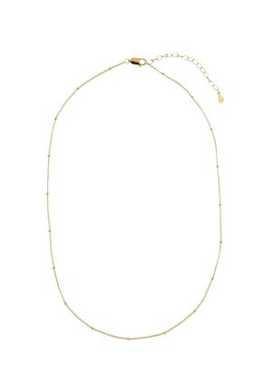 Złoty łańcuszek z delikatnymi ogniwami i drobnymi, rozstawionymi koralikami. Zapięcie typu karabińczyk oraz przedłużka umożliwiająca regulację długości.