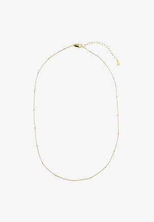 Collier chaîne en or avec des maillons délicats et de petites perles espacées. Fermoir mousqueton avec une chaînette de rallonge pour une longueur ajustable.