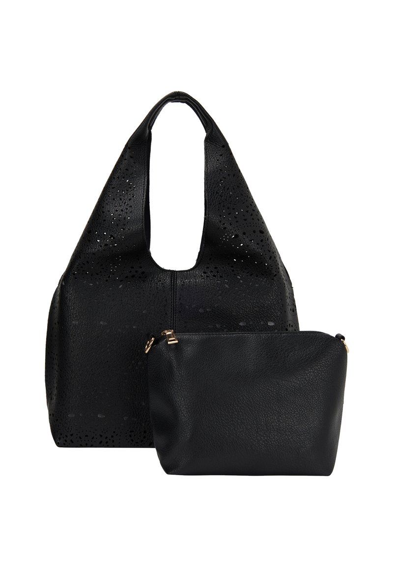 Zwart leren tote met geperforeerd ontwerp, voorzien van een gebogen handvat en een aangehechte kleine ritszak. Gladde textuur, elegante silhouet.