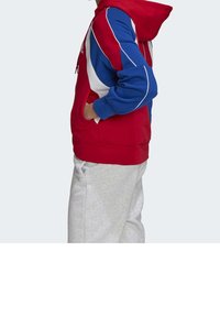Sudadera con capucha roja, azul y blanca con bolsillos laterales y diseño de mangas en contraste, combinada con pantalones de chándal grises.