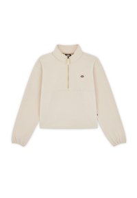 Pullover in pile color crema con collo a mezza zip, colletto a costine e polsini elastici; presenta un piccolo logo sul petto.