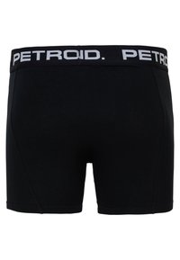 Černé bavlněné boxerky s bílým elastickým pasem s nápisem značky "PETROID." vpředu. Jednoduchý design, bez vzorů.