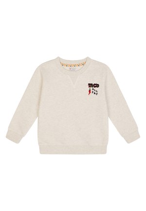 Lyse beige sweatshirt med broderet "TACO ALL DAY" design i rødt og grønt. Den har V-hals, lange ærmer og ribbede ærmekanter.