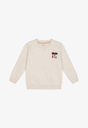 Sweatshirt beige clair avec un motif brodé "TACO ALL DAY" en rouge et vert. Il a un col en V, des manches longues et des poignets côtelés.