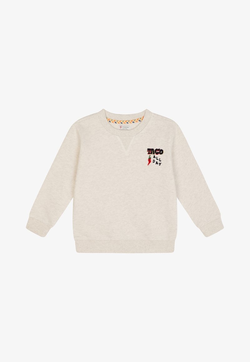 Sweatshirt beige clair avec un motif brodé "TACO ALL DAY" en rouge et vert. Il a un col en V, des manches longues et des poignets côtelés.