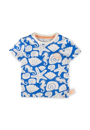 Children’s blue short-sleeve shirt with white and peach sea-themed patterns including starfish, seahorses, shells, and snails.