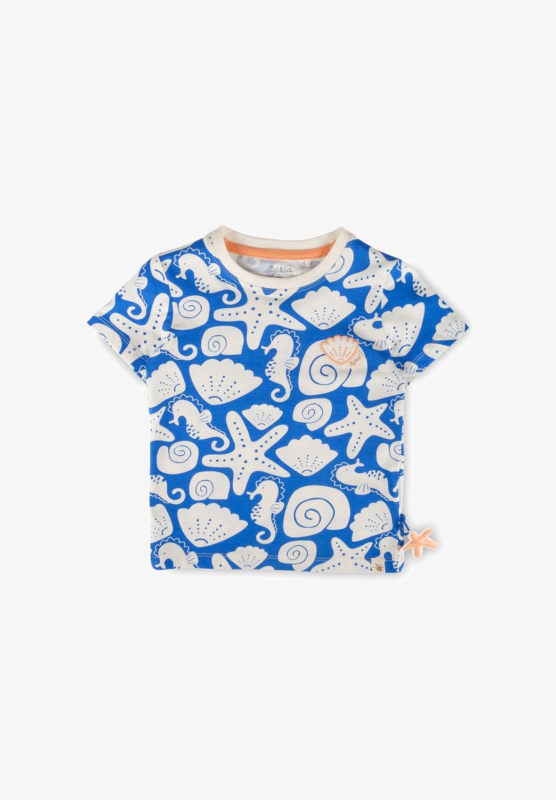 Children’s blue short-sleeve shirt with white and peach sea-themed patterns including starfish, seahorses, shells, and snails.