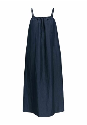 Tmavomodré maxi šaty bez rukávov s tenkými nastaviteľnými ramienkami a nariaseným výstrihom, voľného strihu s vráskavou textúrou.