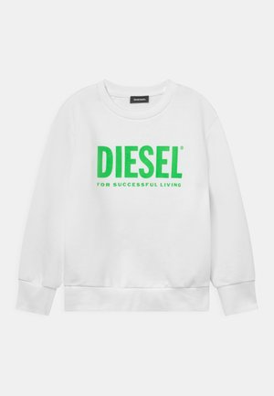 Felpa bianca in cotone con scollo rotondo, con grande logo verde "DIESEL" e testo "FOR SUCCESSFUL LIVING" stampati sul davanti.