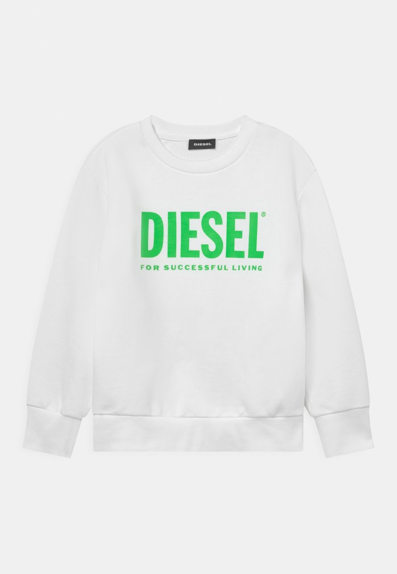 Biała bawełniana bluza z okrągłym dekoltem, z dużym zielonym logo "DIESEL" oraz napisem "FOR SUCCESSFUL LIVING" nadrukowanym na przodzie.