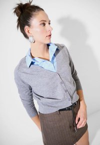 Cardigan grigio a maglia con chiusura a bottoni indossato sopra una camicia azzurra con colletto. Gonna a righe marroni con una cintura nera.