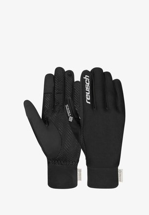 Black gloves with a smooth exterior, textured grip on palms, and reinforced cuffs. Features "Reusch" logo, designed for performance and warmth.