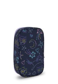 Custodia in tessuto blu navy con motivi multicolori che includono stelle, cuori e fiori, con una cerniera lavanda e bordi arrotondati.