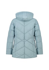 Gevoerde jas in lichtblauw met een capuchon, voorzien van een geometrisch doorgestikt ontwerp en zijzakken. Gladde textuur met een getailleerd silhouet.